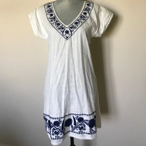 Zara | Dresses | Zara Linen White And Navy Embroidered Dress | Poshmark